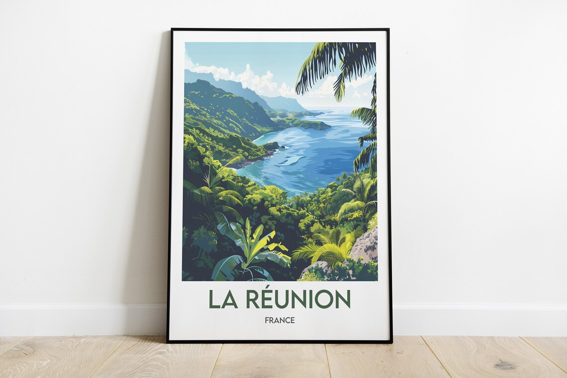 La Reunion Tropical Bay and Jungle Coastline France Vintage Poster