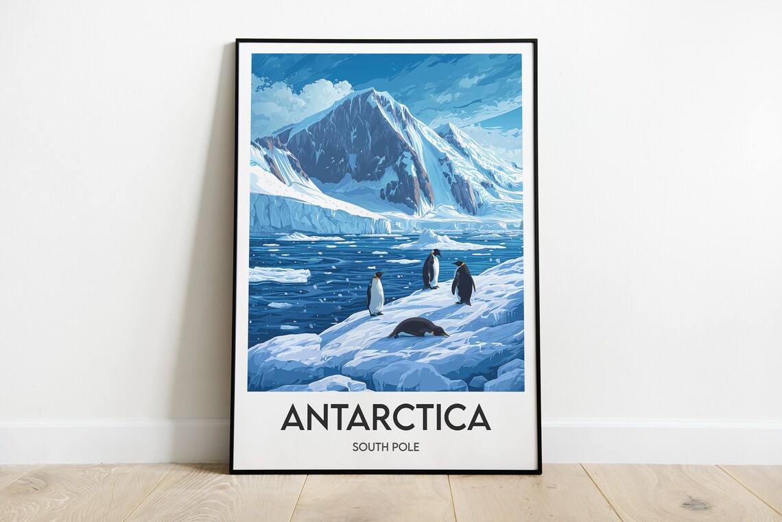 Antarctica Penguins Iceberg Glacier Illustration Vintage Travel Poster