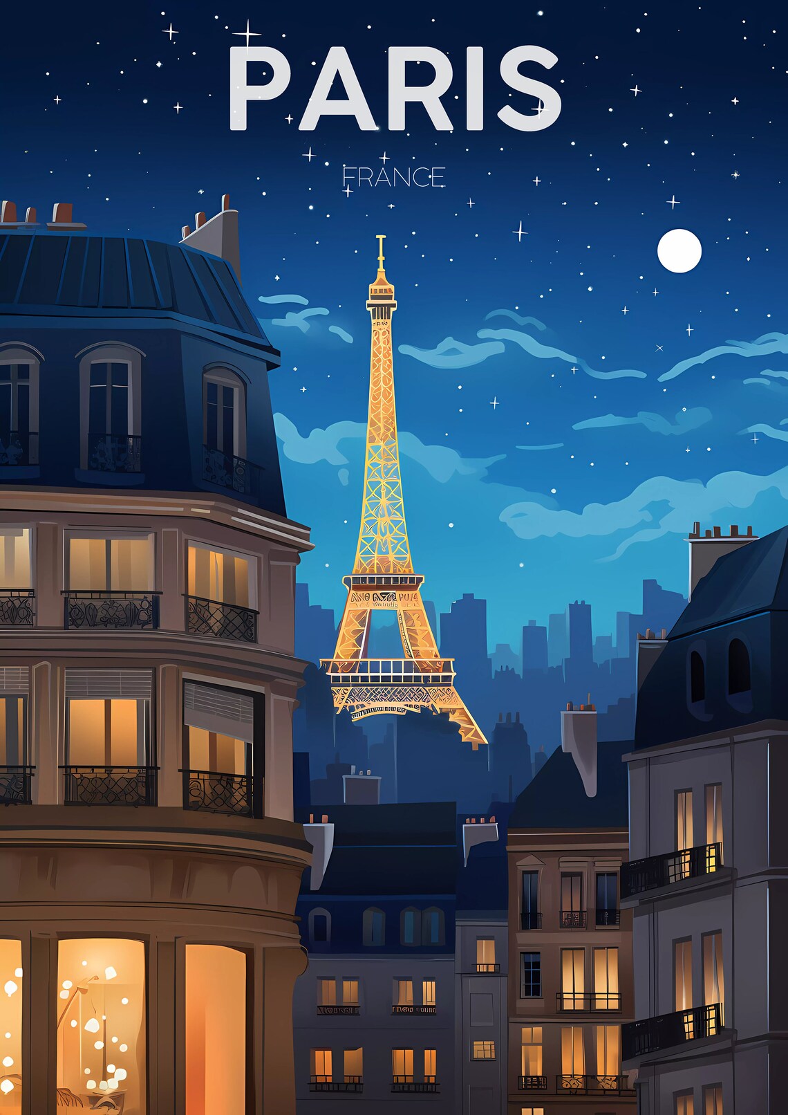Paris France Eiffel Tower Night Sky Minimalist Travel Poster - Image 2