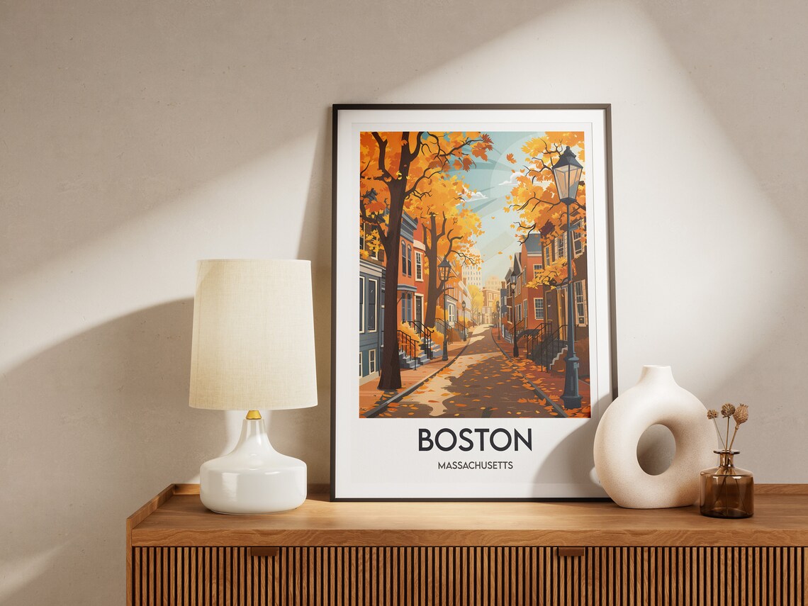 Boston Massachusetts Autumn Street Golden Fall Trees Vintage Poster - Image 2