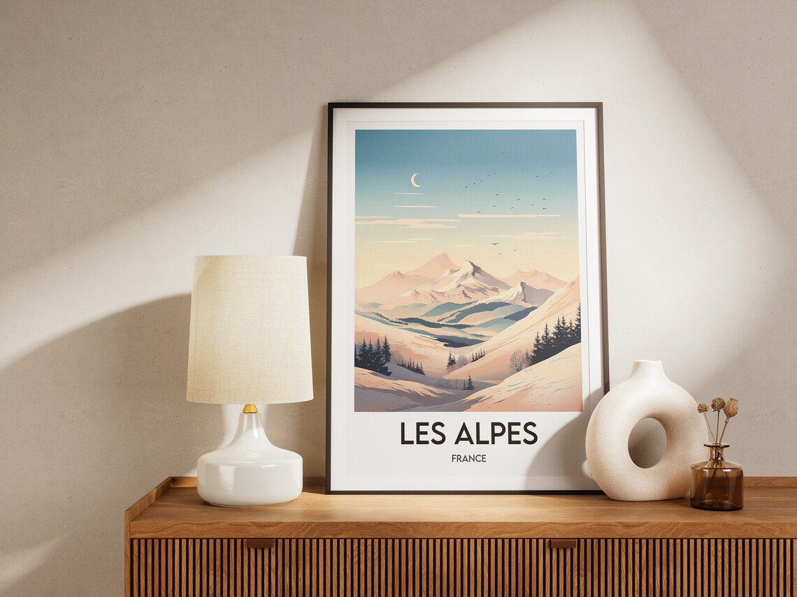 Les Alpes Snowy Mountain Moonlight France Winter Travel Poster Art - Image 2
