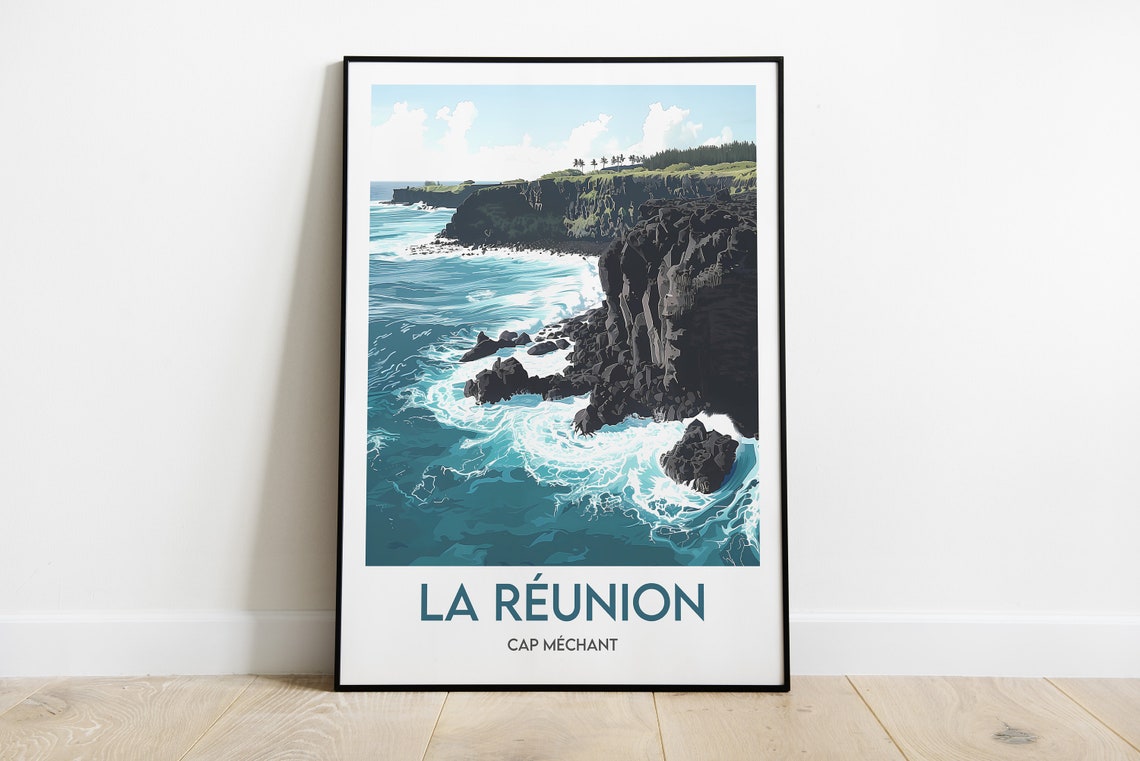 La Reunion Cap Mechant Dramatic Cliff Coast Waves Travel Poster