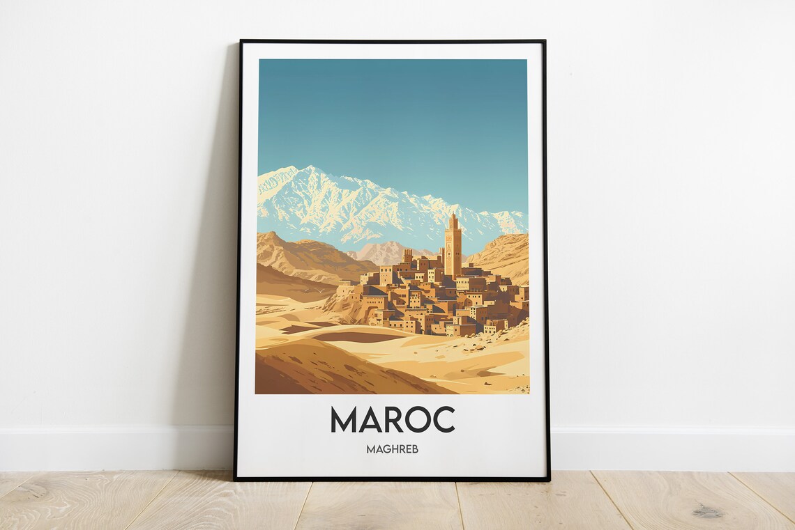 Maroc Maghreb Desert Fortress Snow Mountain Illustration Travel Poster