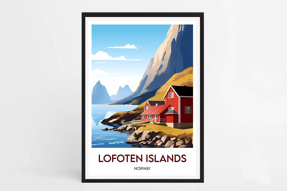 Lofoten Islands Norway Red Cabins Fjord Mountain Travel Poster