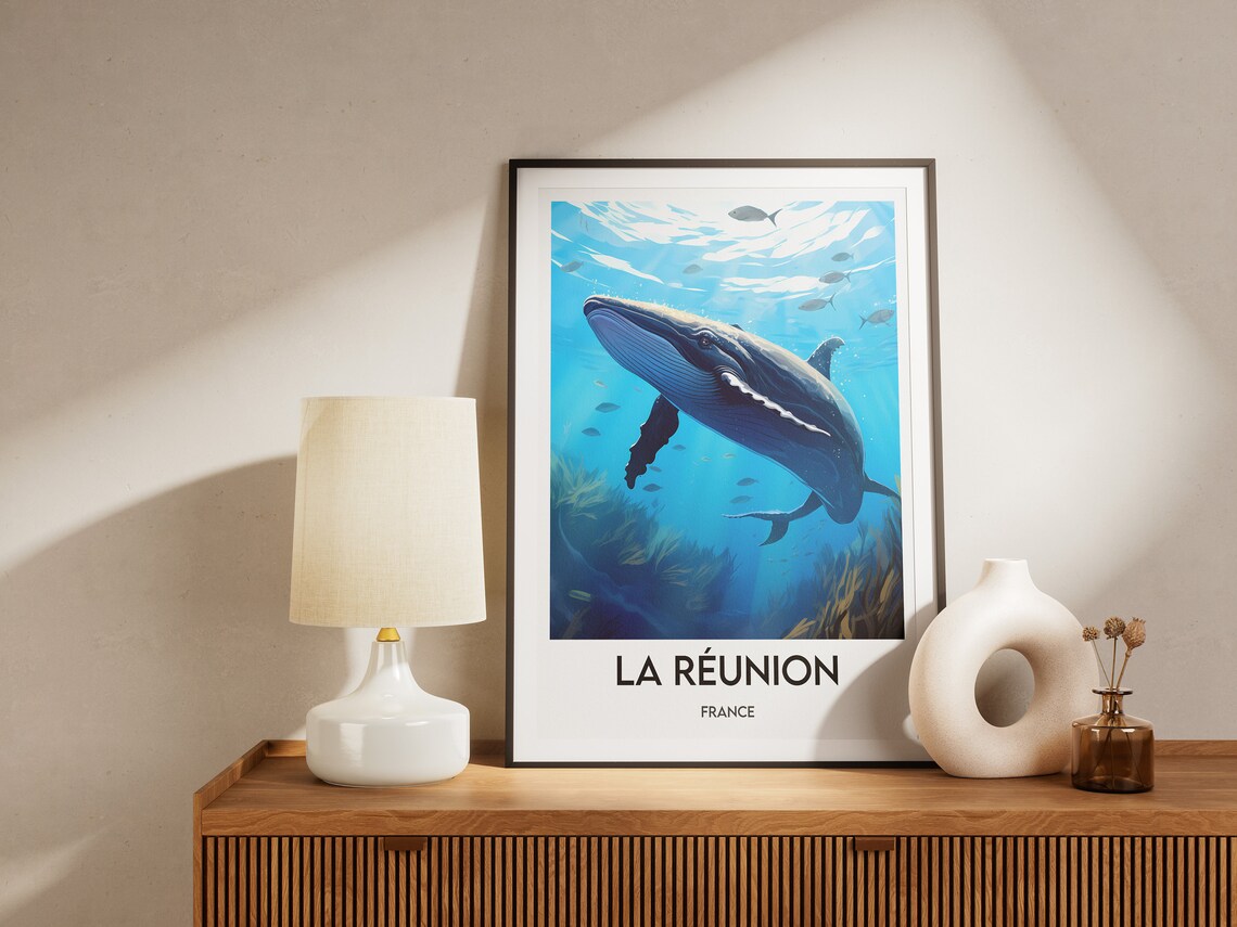 Reunion Island Humpback Whale Underwater Ocean Life Travel Poster - Image 2