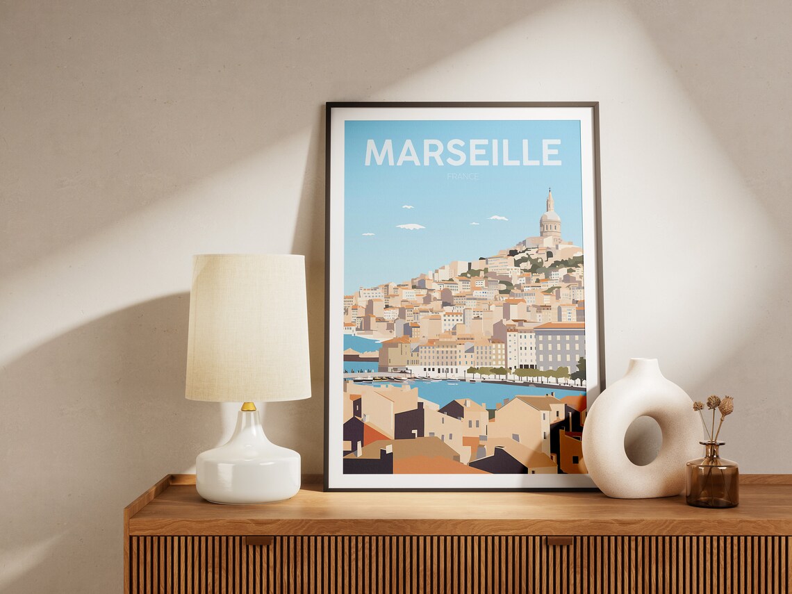 Marseille France Hilltop Basilica Harbor Minimalist Travel Poster - Image 2