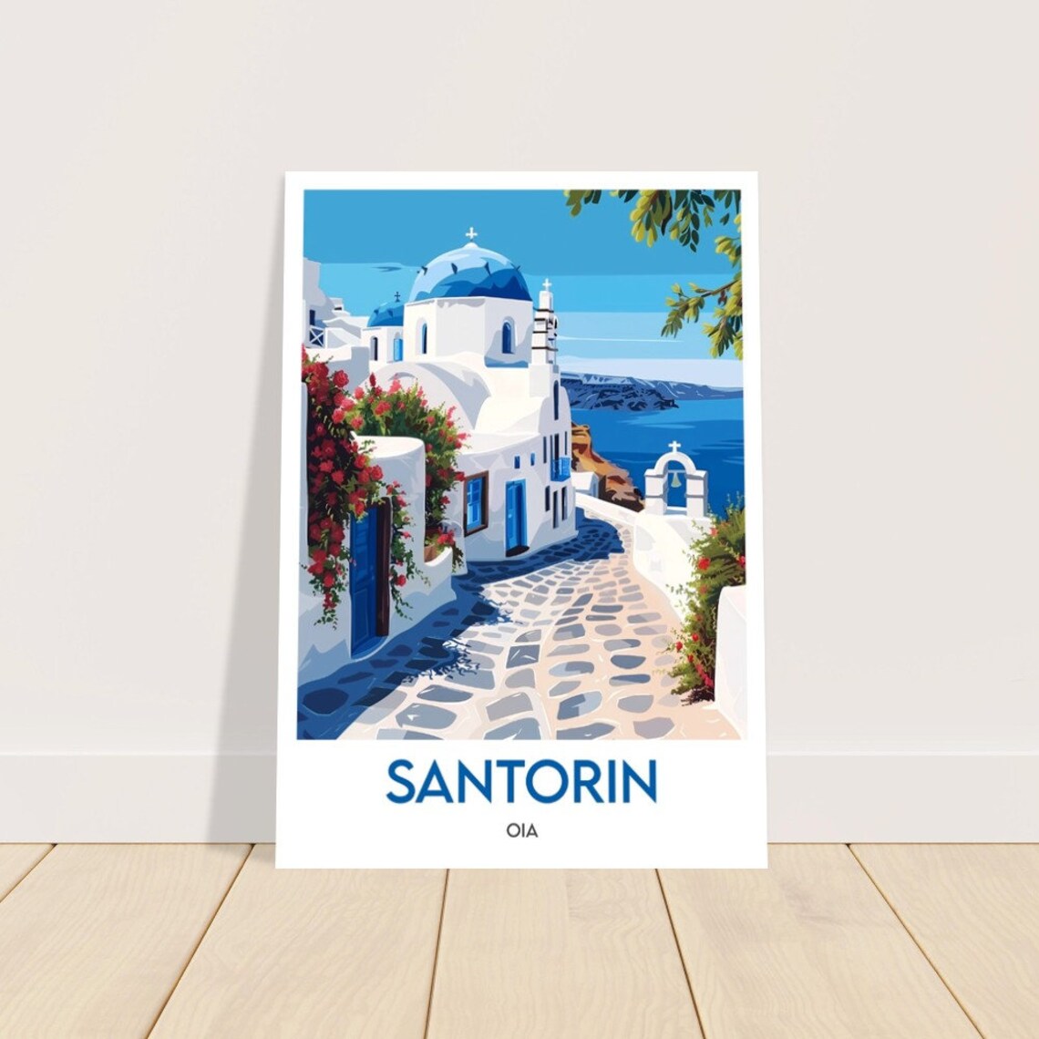 Santorin Oia Blue Dome Cobblestone Lane Red Blooms Classic Poster - Image 2