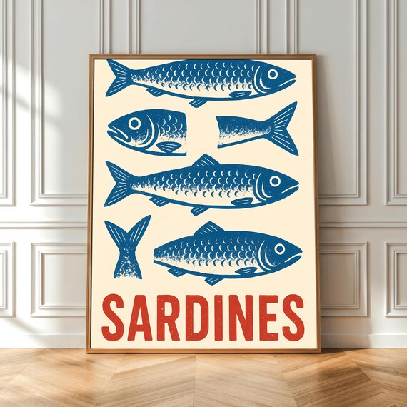 Vintage Blue Sardines Retro Kitchen Seafood Market Art Poster