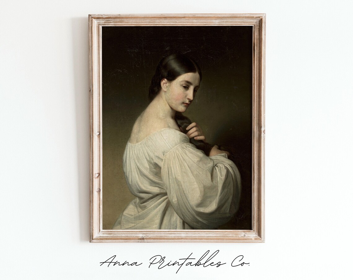 Portrait Of A Brown Haired Woman Antique Oil Painting Dark Background Print - Image 2