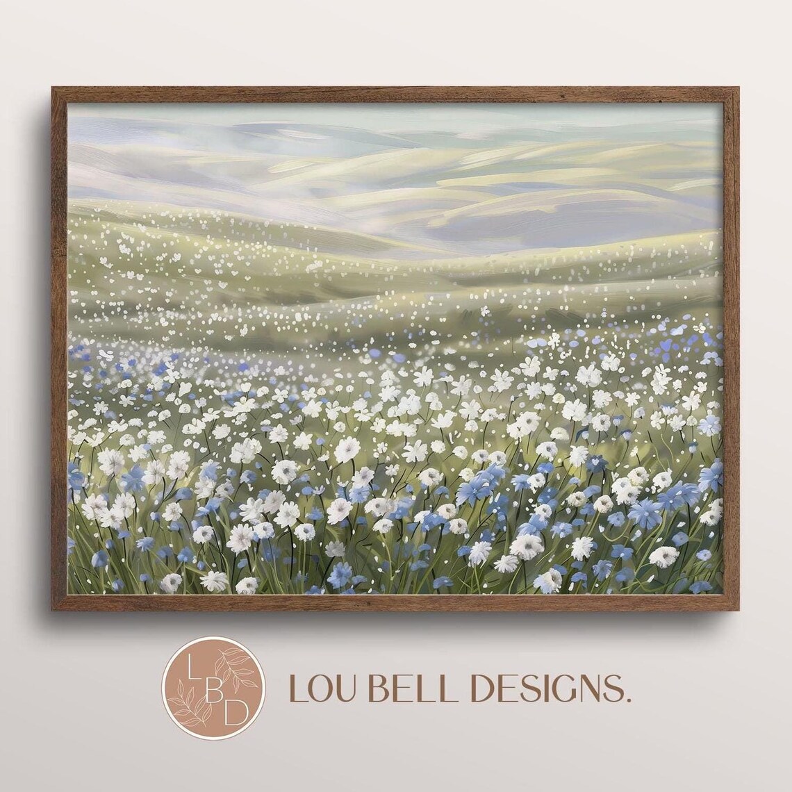 White Blue Wildflower Meadow Golden Hour Country Landscape Art Print - Image 8