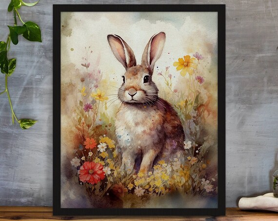 Watercolor Bunny Rabbit Among Wildflowers Pastel Animal Art Poster