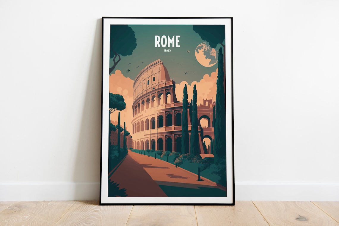 Rome Italy Grand Colosseum Moonlit Night Retro Travel Poster