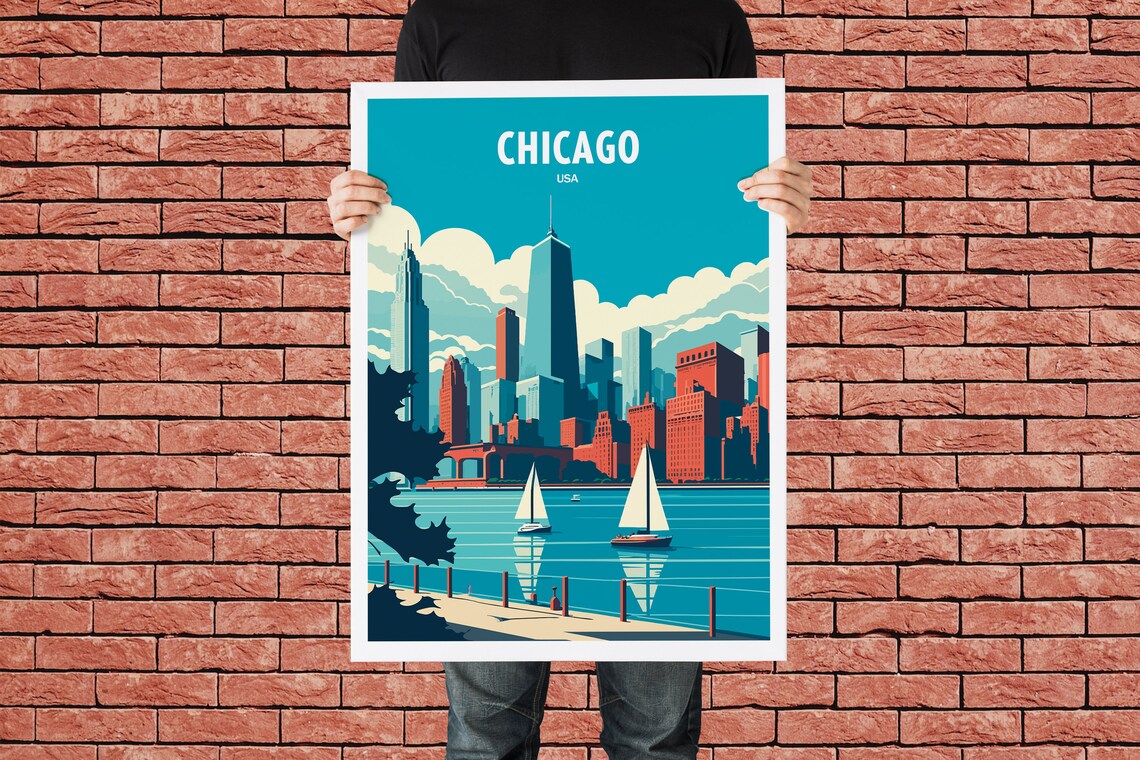 Chicago USA Lakefront Skyline Sailboats Retro Style Travel Poster - Image 2