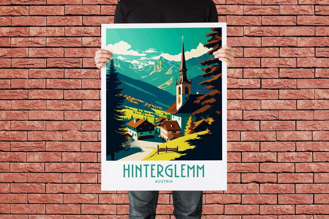 Hinterglemm Austria Alpine Village Church Retro Travel Poster - Image 2