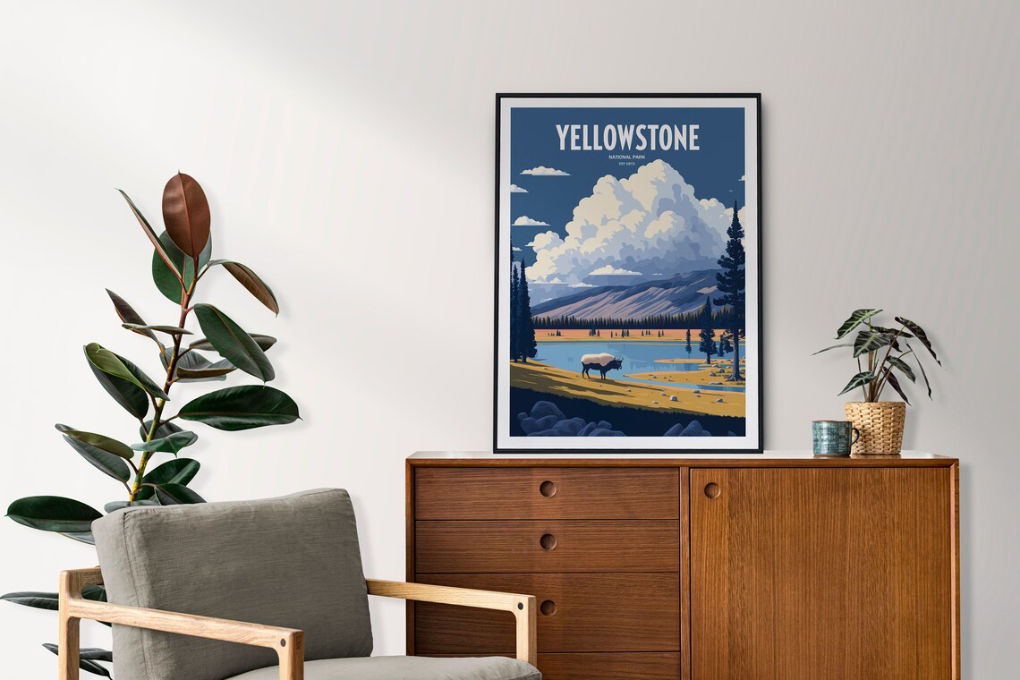 Yellowstone National Park Bison Travel Poster Vintage Lake View Art - Image 2