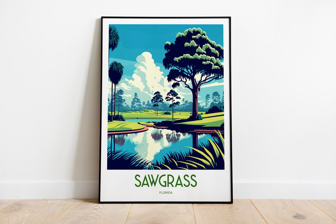 Sawgrass Florida Golf Course Pond Palm Tree Vintage Travel Poster