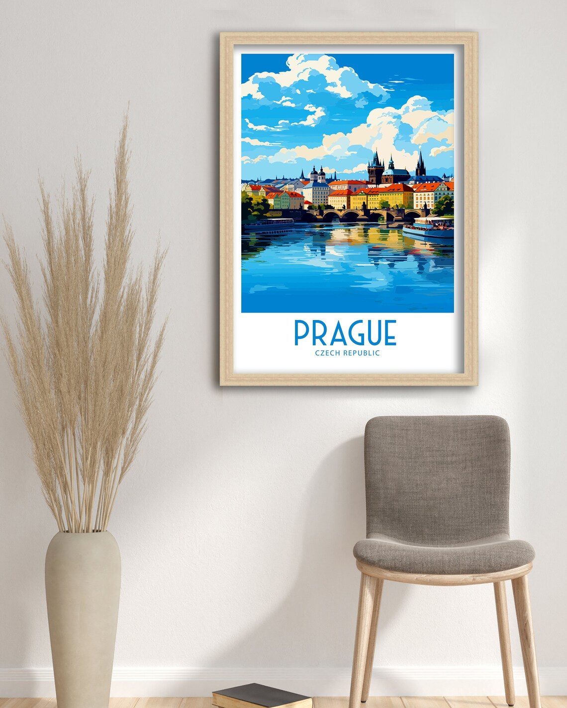 Prague Old Town Panorama Travel Poster River Bridge Vintage Blue Art - Image 3