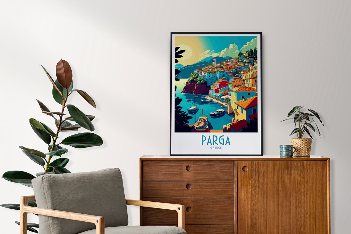 Vintage Parga Greece Travel Poster Hillside Harbor Boats Art - Image 4