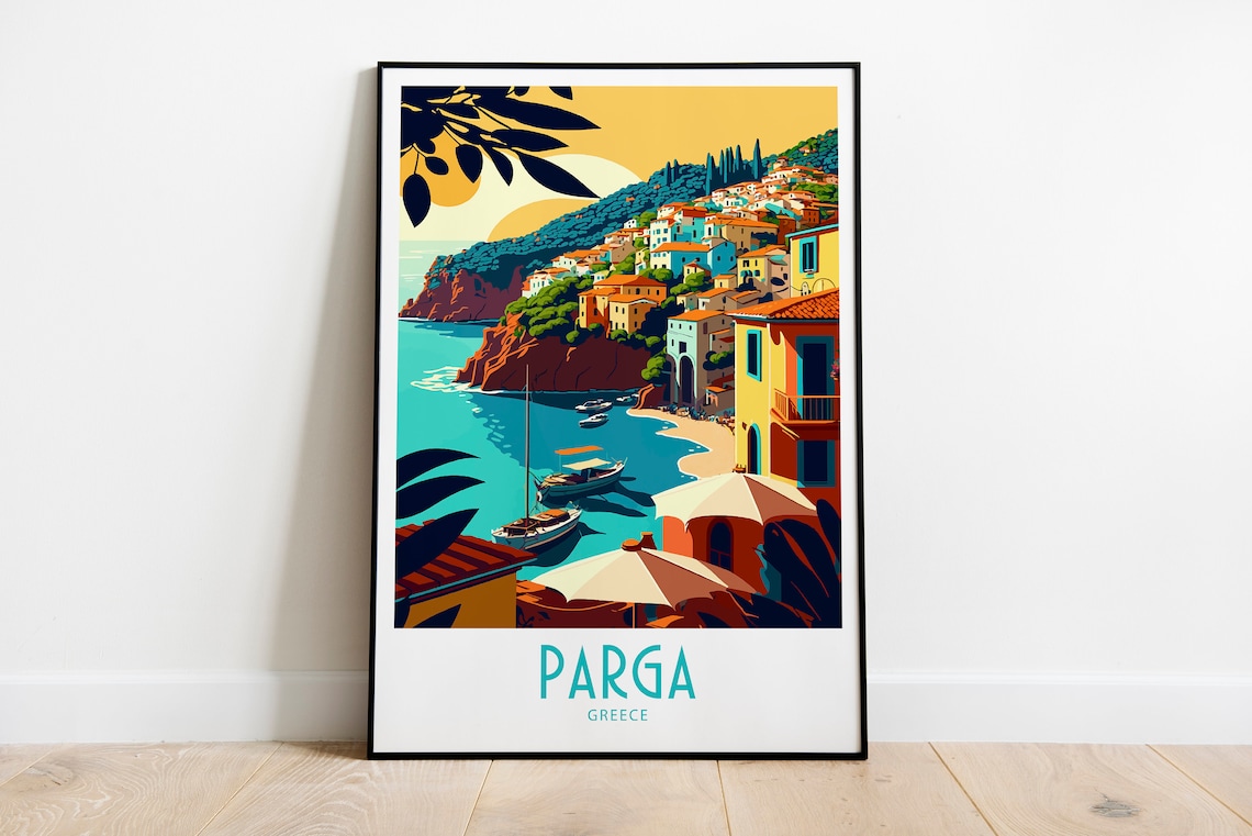Parga Greece Turquoise Bay Cliffs Boats Vintage Travel Poster