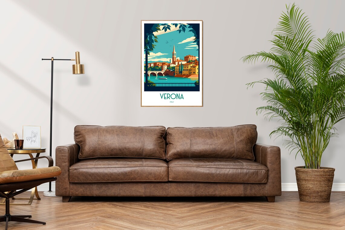 Verona Italy Riverside Bell Tower Bridge Vintage Travel Poster - Image 2