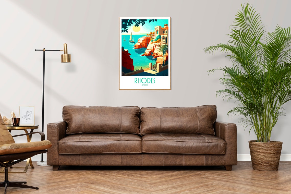 Vintage Rhodes Greece Travel Poster Red Cliffs Sailboat Coast Art - Image 3
