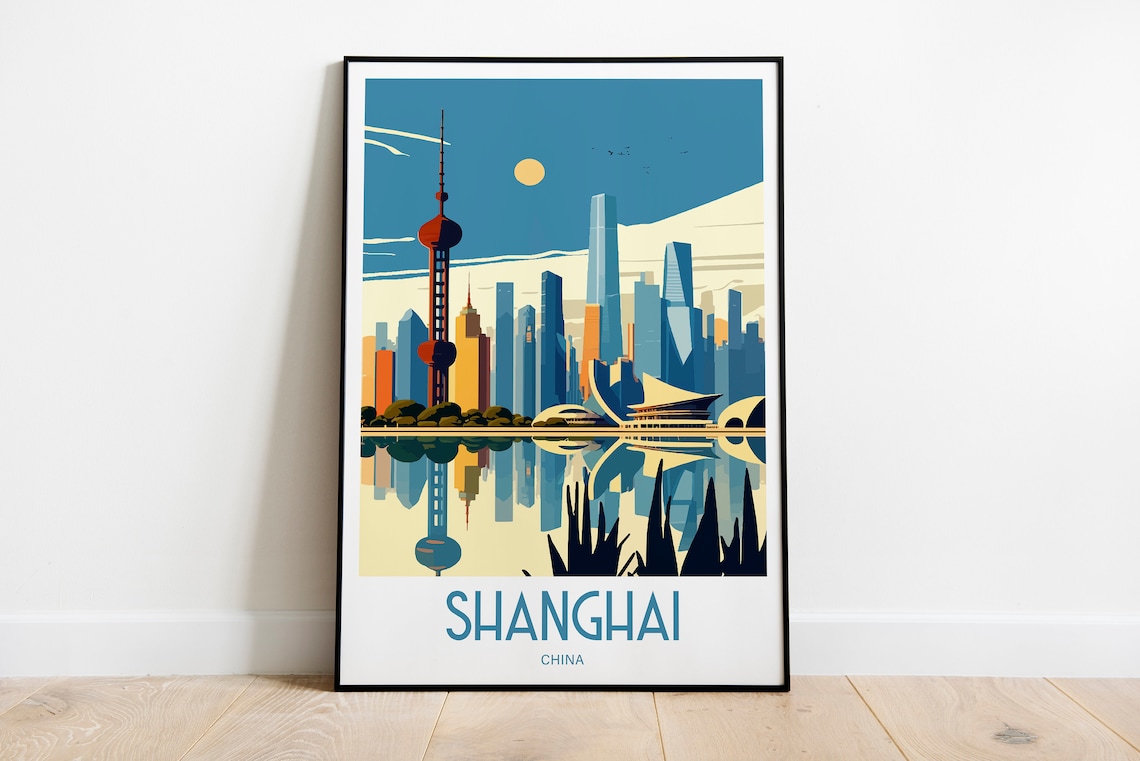 Shanghai China Skyline Travel Poster Pudong Towers Vintage City Art