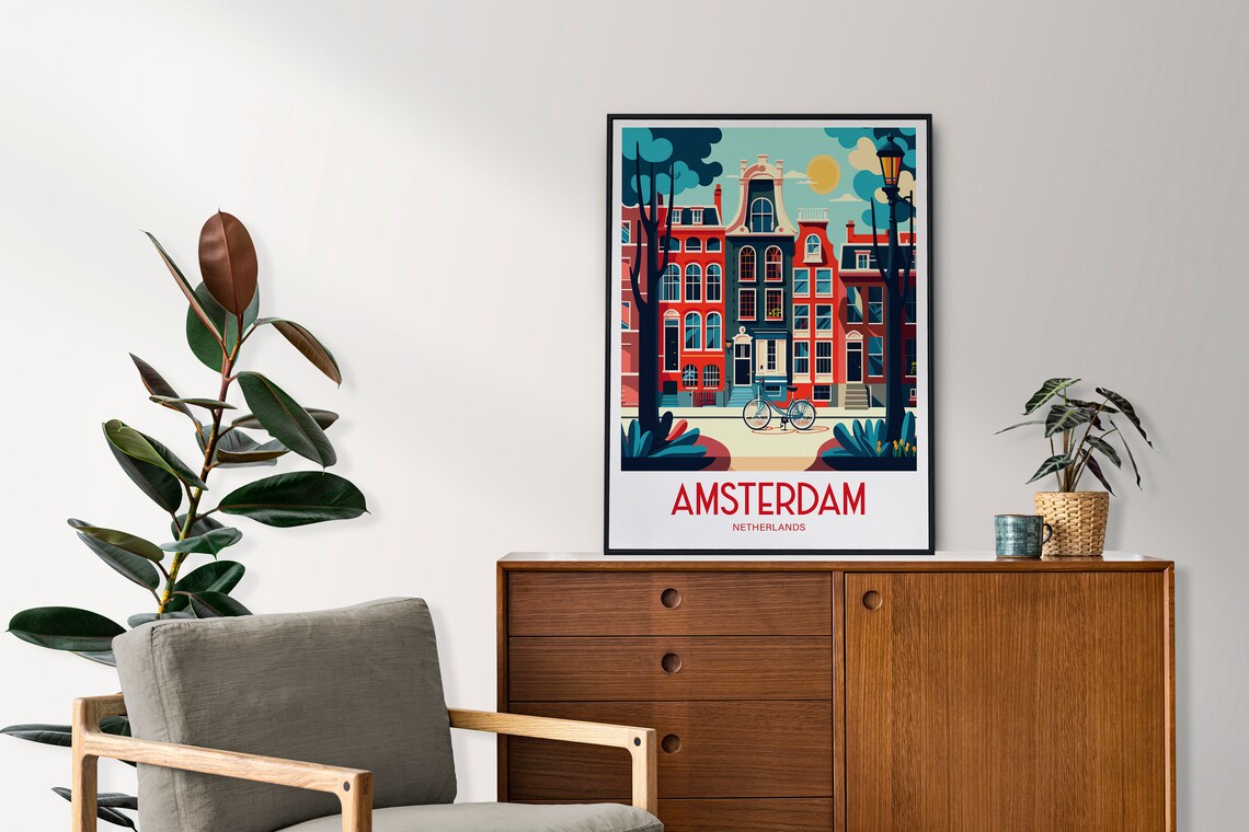 Amsterdam Vintage Canal Houses Bicycle Street Lamp Travel Poster - Image 3