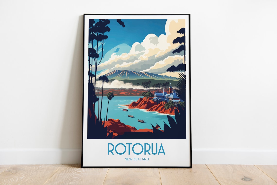 Rotorua New Zealand Travel Poster, Landscape Art
