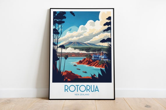 Rotorua New Zealand Travel Poster, Landscape Art