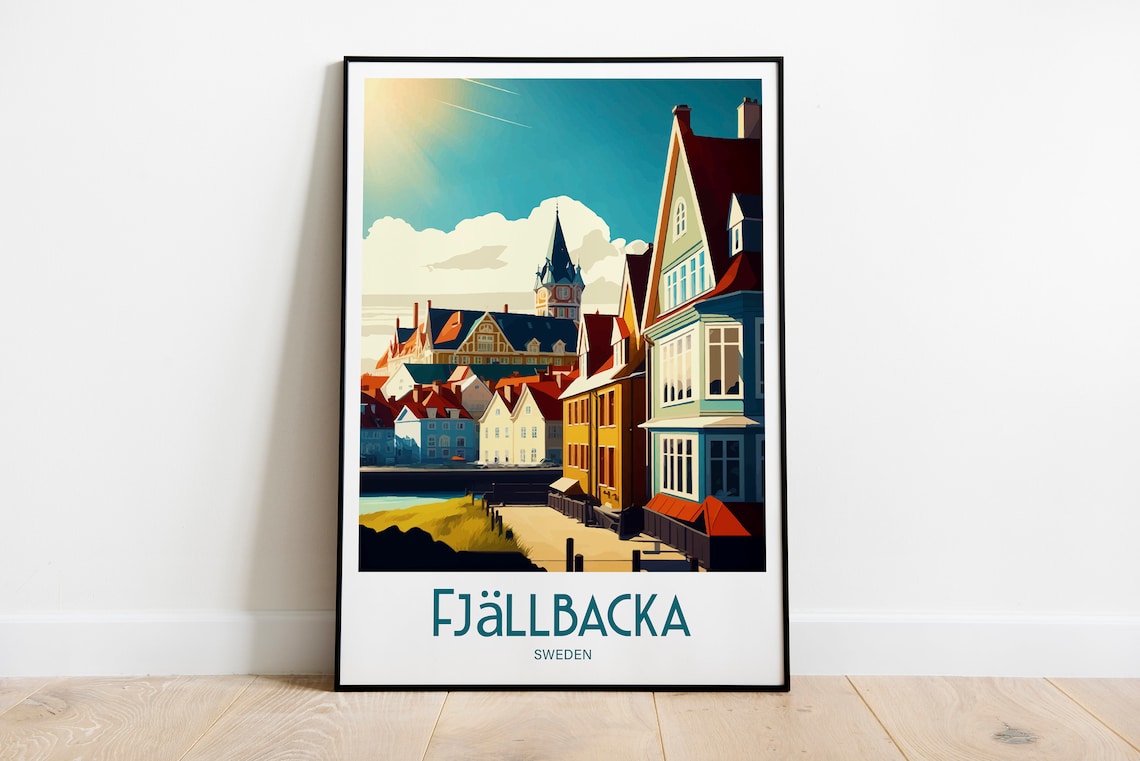 Fjallbacka Sweden Coastal Town Harbor Church Vintage Travel Poster