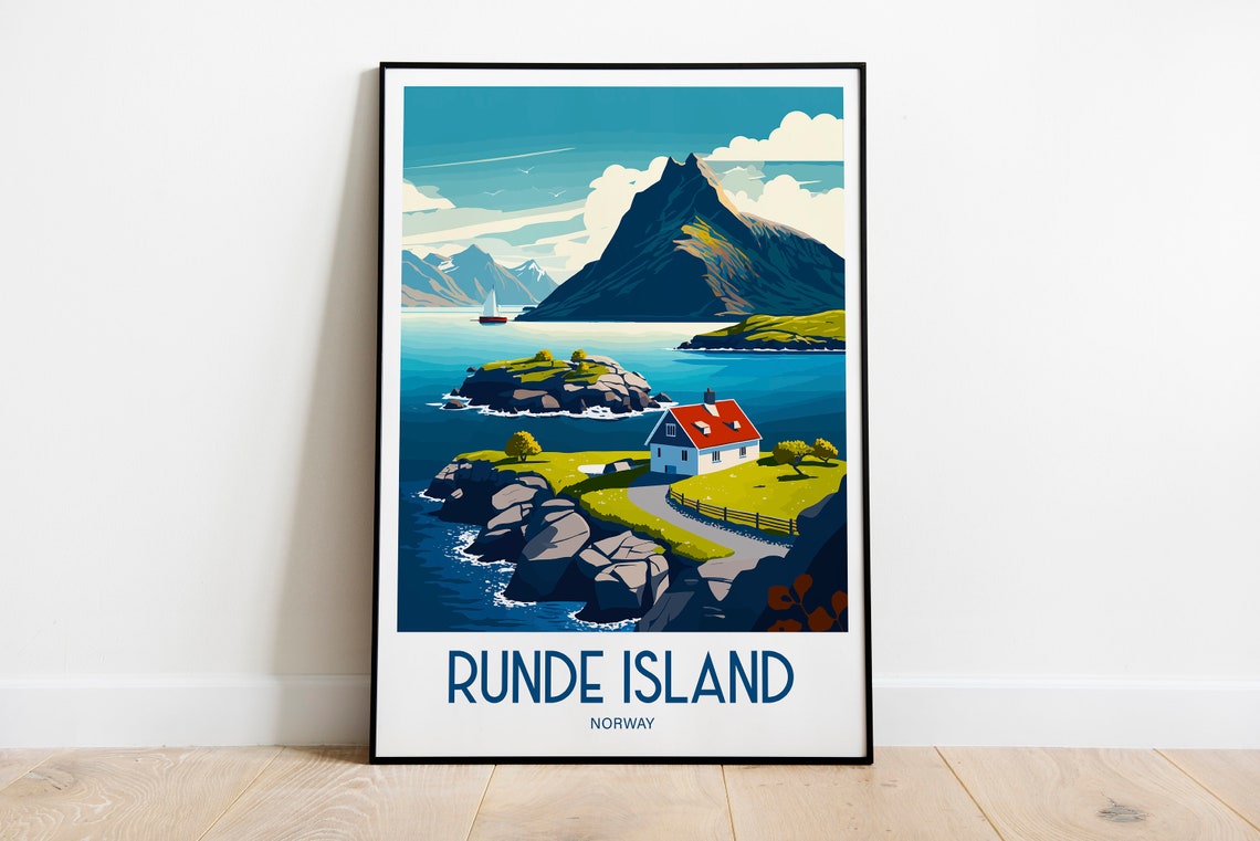 Runde Island Norway Coastal Mountain View Retro Travel Poster