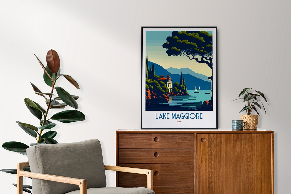 Lake Maggiore Italy Lakeside Villa Cypress Vintage Travel Poster - Image 2