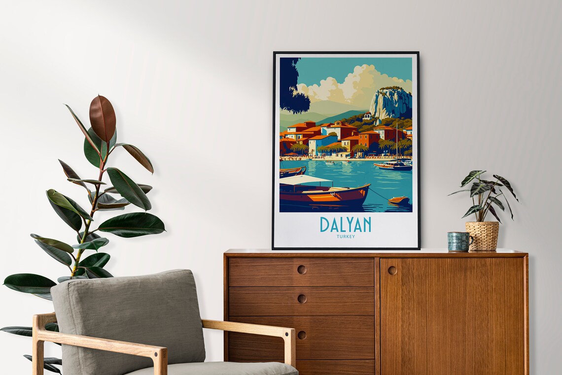 Dalyan Turkey Harbor Boats Red Roofs Retro Vintage Travel Poster - Image 3