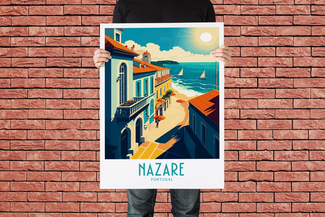 Nazare Portugal Sunny Coastal Beach Sailboats Vintage Travel Poster - Image 2
