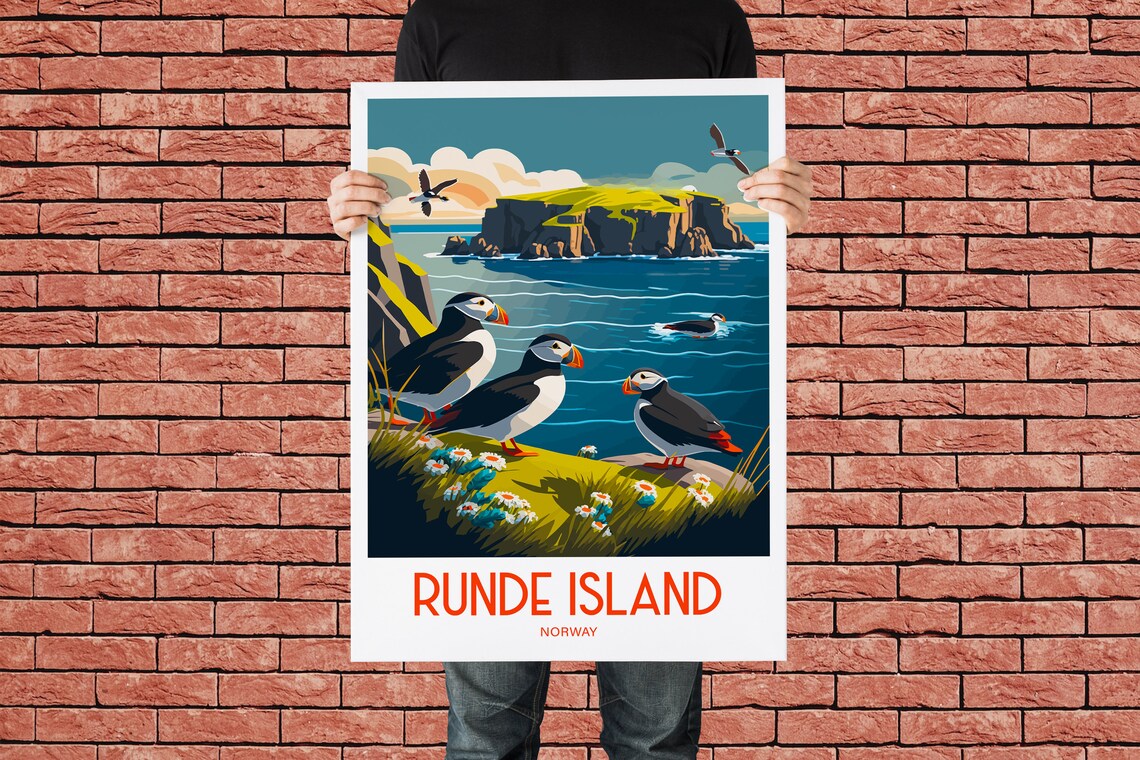 Runde Island Norway Puffins Cliff Seabirds Vintage Travel Poster - Image 2