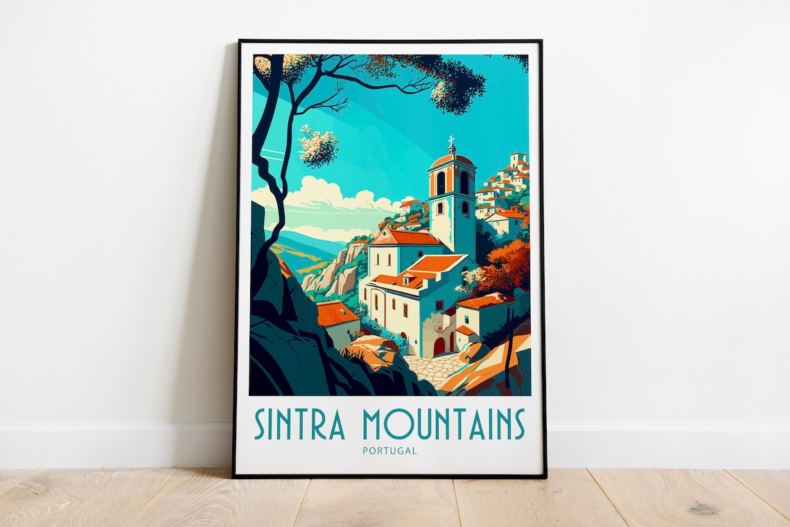 Sintra Mountains Portugal Hilltop Church Retro Travel Poster