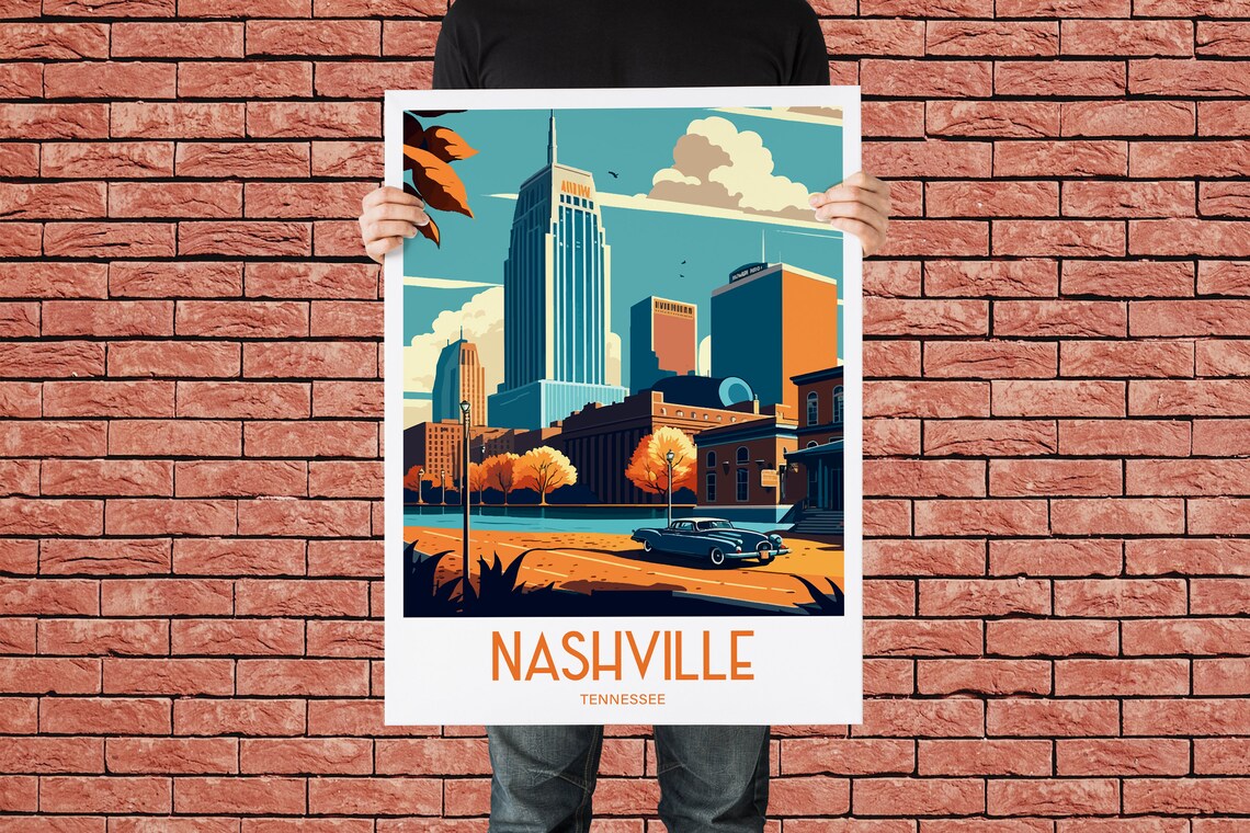 Nashville Tennessee Skyline Classic Car Vintage Travel Poster - Image 3