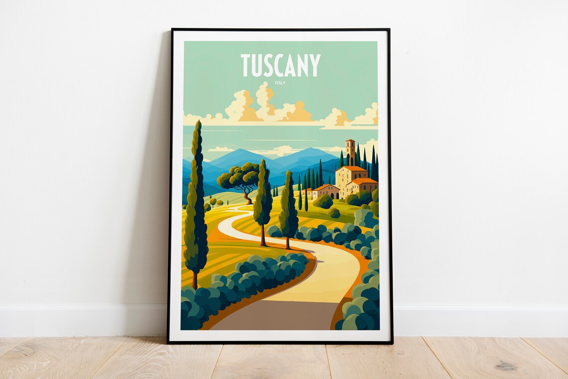 Tuscany Italy Retro Travel Poster, Village Print