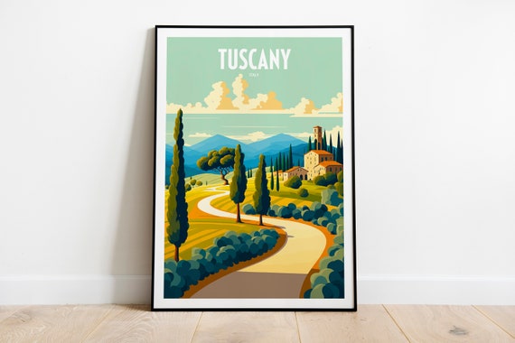 Tuscany Italy Retro Travel Poster, Village Print