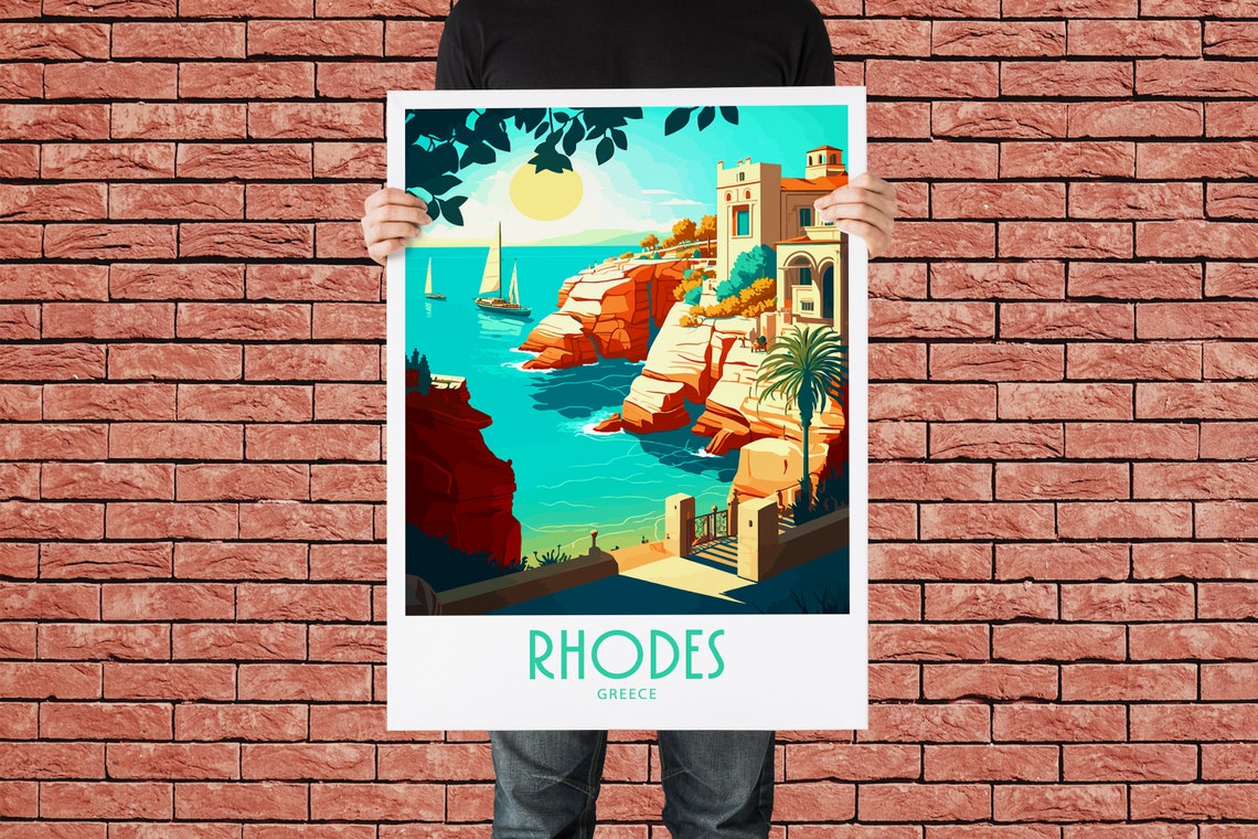 Vintage Rhodes Greece Travel Poster Red Cliffs Sailboat Coast Art - Image 2
