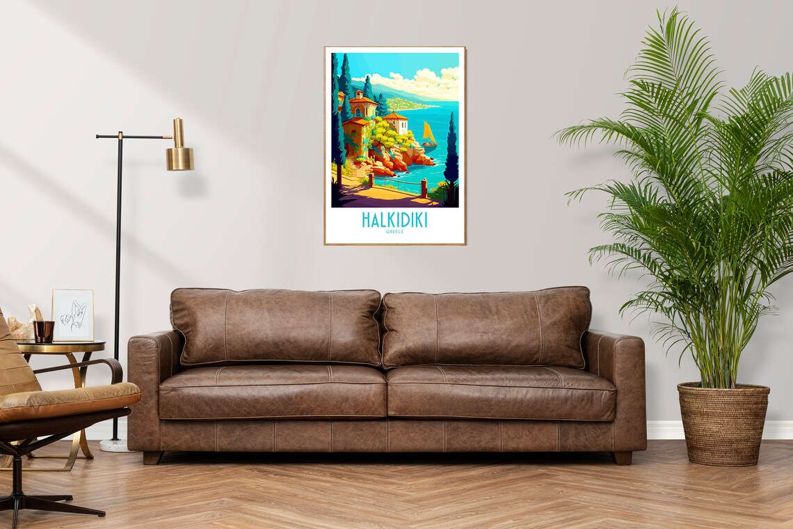 Vintage Halkidiki Greece Travel Poster Cypress Coast Villa Art - Image 3