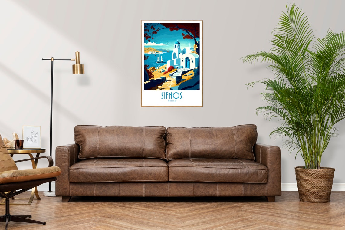 Vintage Sifnos Greece Travel Poster Whitewashed Chapel Coast Art - Image 3