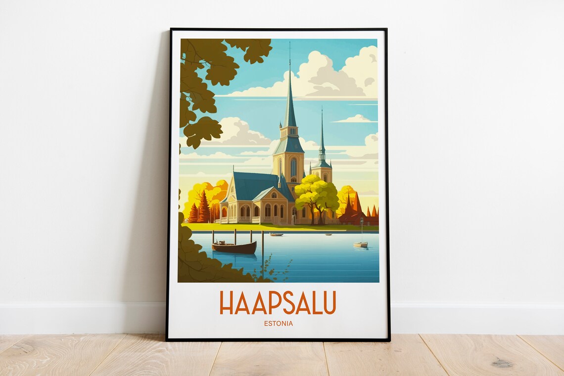 Haapsalu Estonia Waterfront Church Autumn Trees Travel Poster