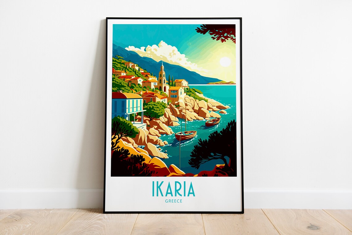 Vintage Ikaria Greece Travel Poster Coastal Village Boats Art