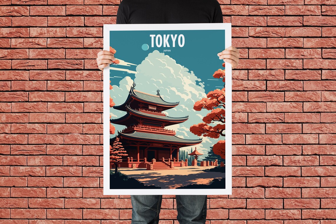 Tokyo Japan Red Pagoda Temple Autumn Maple Vintage Travel Poster - Image 3