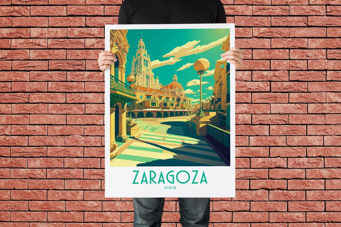 Zaragoza Spain Sunlit Plaza Clock Towers Vintage Travel Poster - Image 3
