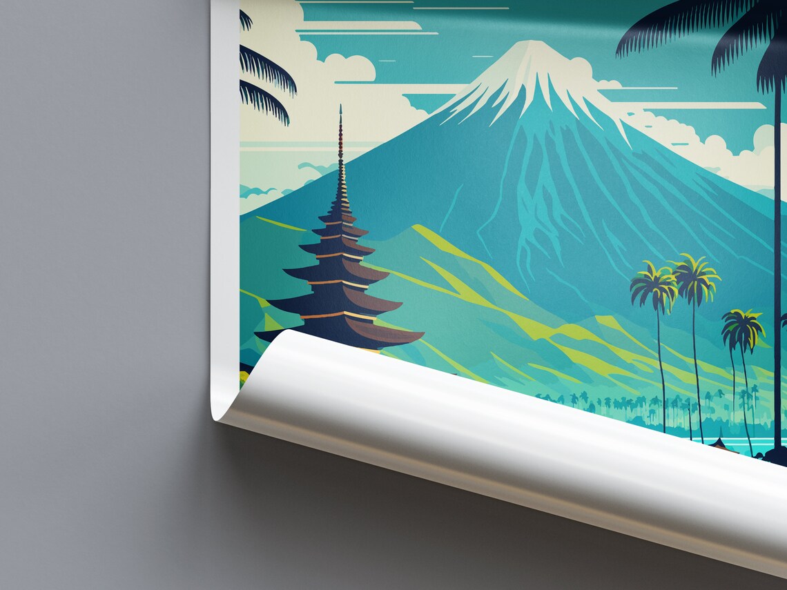 Bali Indonesia Retro Travel Poster with Temple and Volcano Views - Image 2