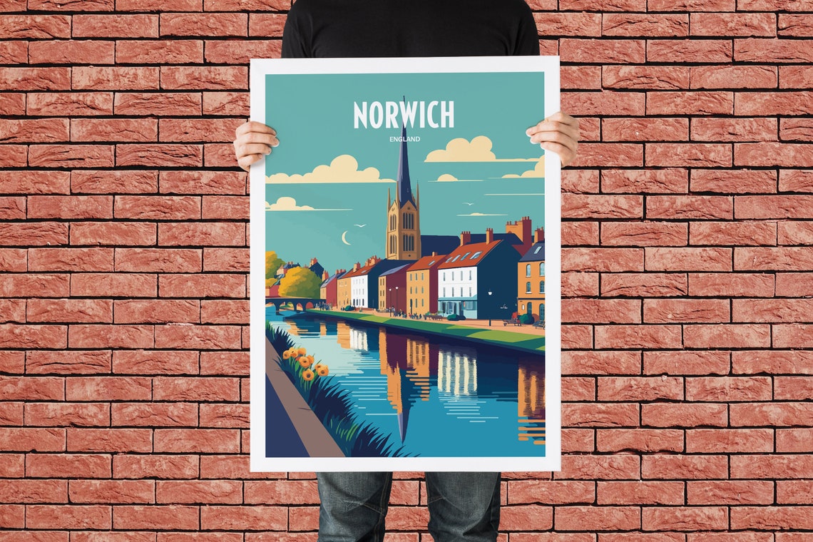 Norwich England Riverside Church Spire Moonlight Travel Poster - Image 3
