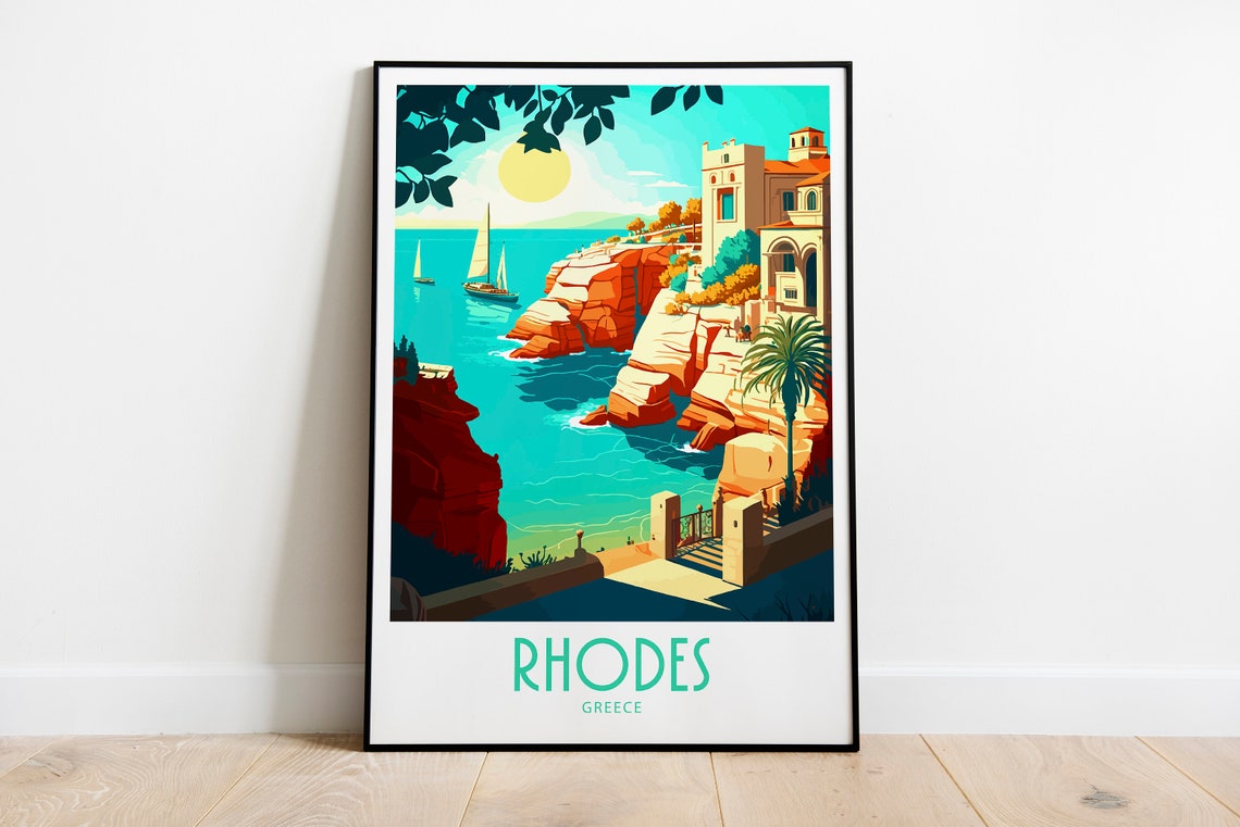Vintage Rhodes Greece Travel Poster Red Cliffs Sailboat Coast Art