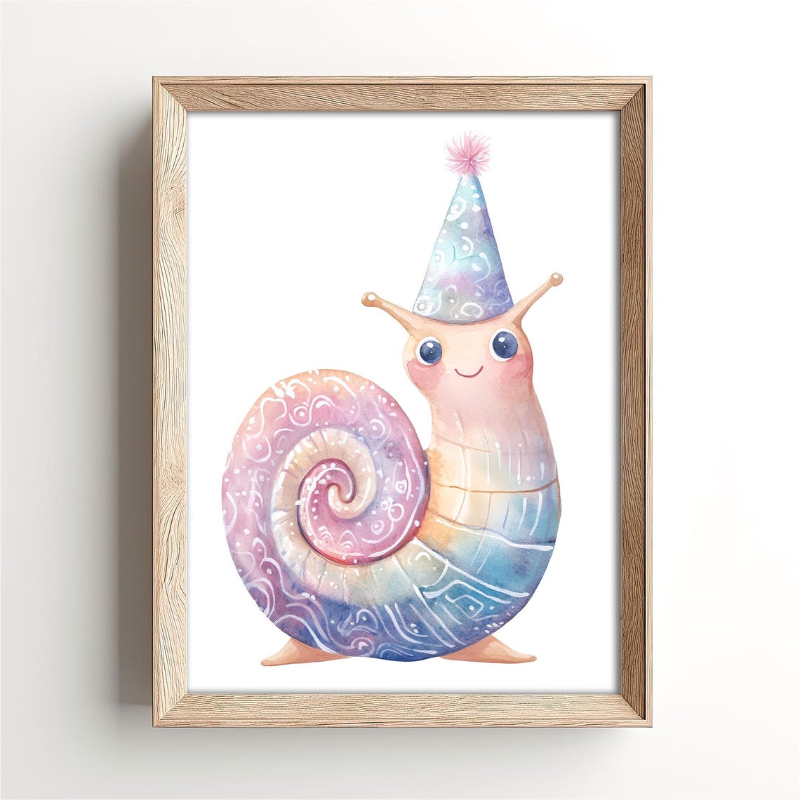 Smiling Snail Wearing Party Hat With Pastel Shell Nursery Poster